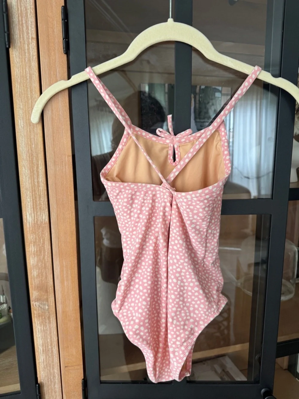 Crewcuts one piece swimsuit polka dots bows criss cross girls peachy